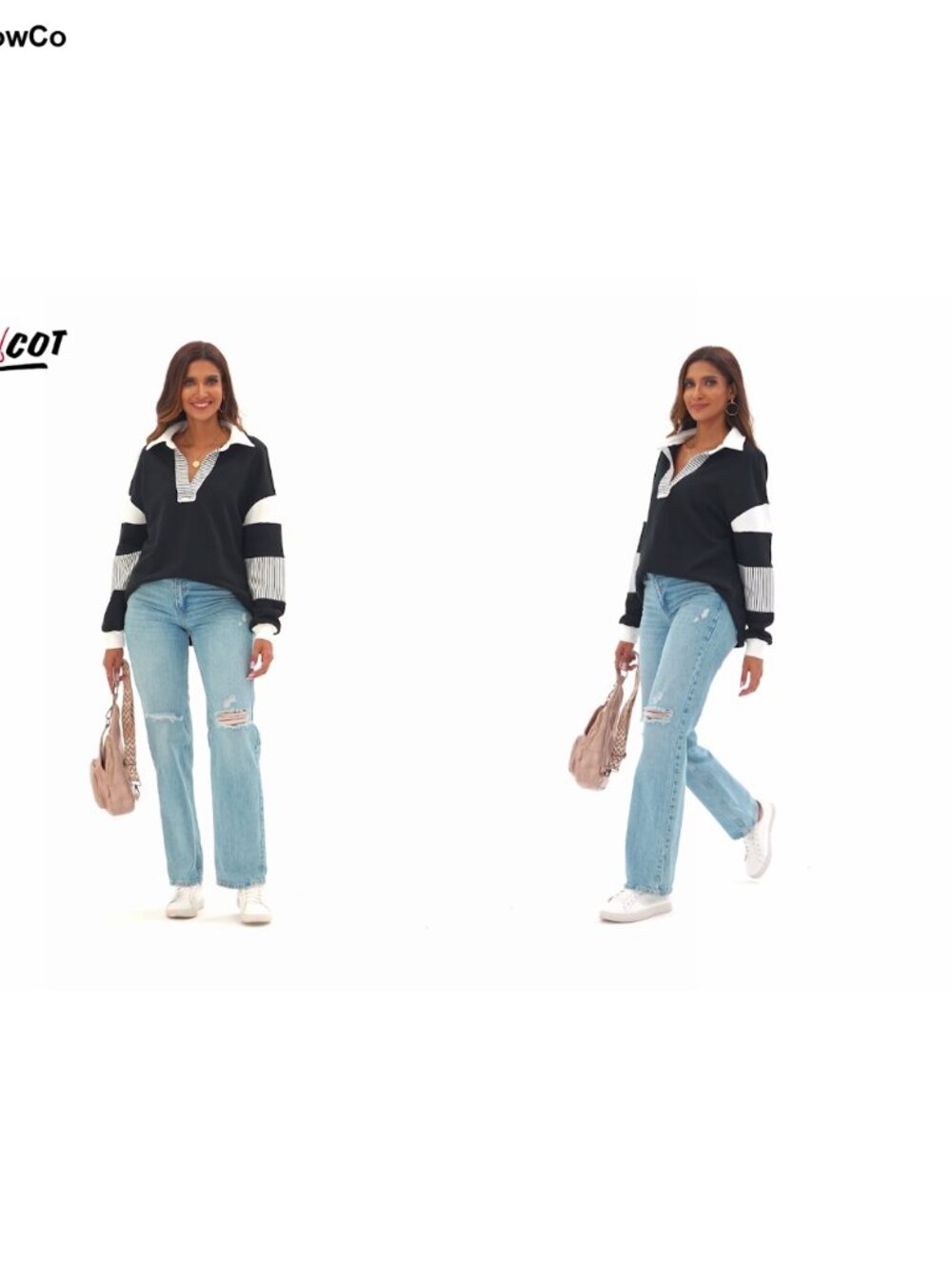 Oversized Color Block Long Sleeve V-Neck Pullover Sweatshirt Women Casual - Picture 6 of 6